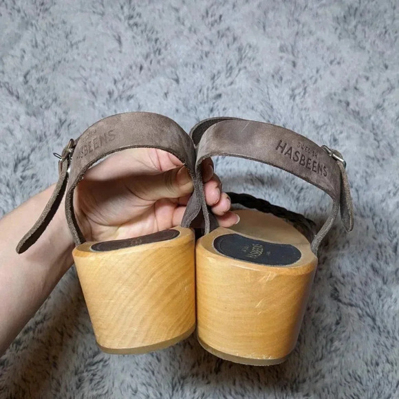 Swedish Hasbeens Brown Sandals Tan Wooden Leather Open Toe Clogs Size 40 US 10 - Picture 10 of 12
